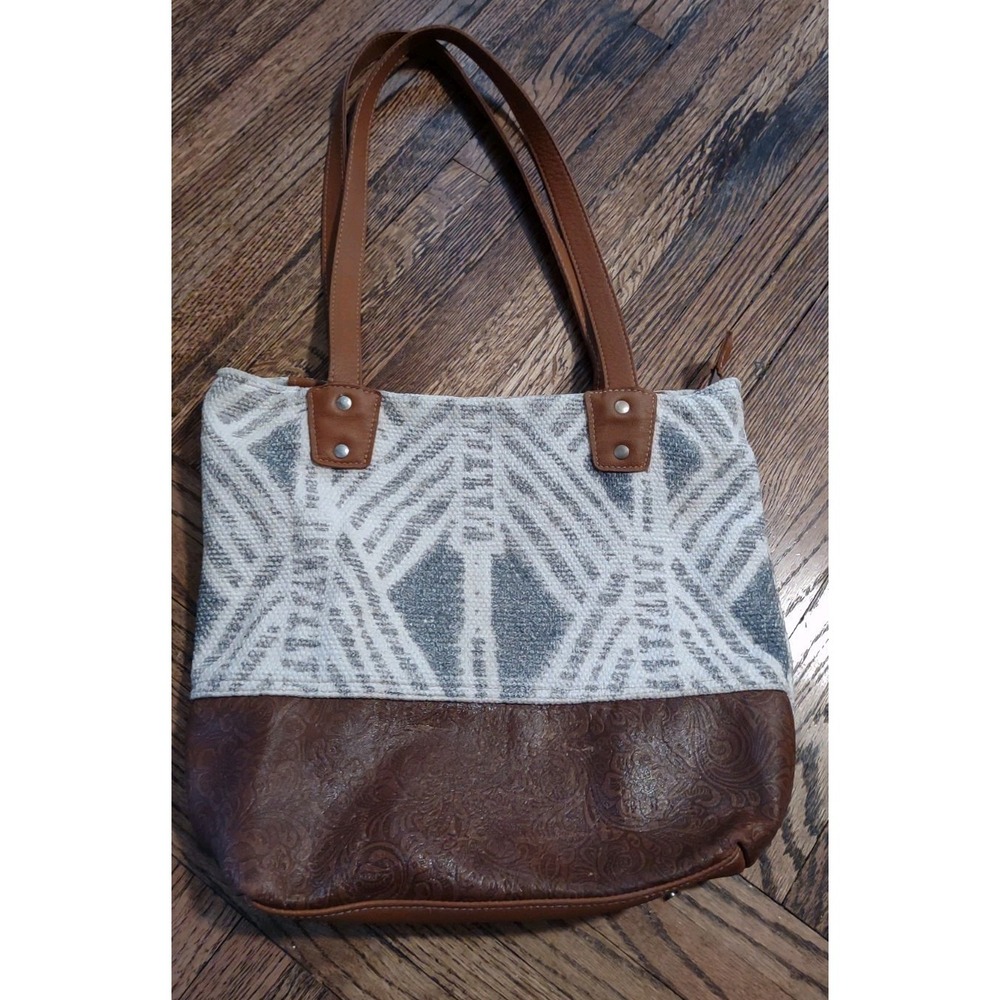 Myra Bag Canvas‎ Leather Geometric Tote Bag Grey Brown Embossed Floral S-2244